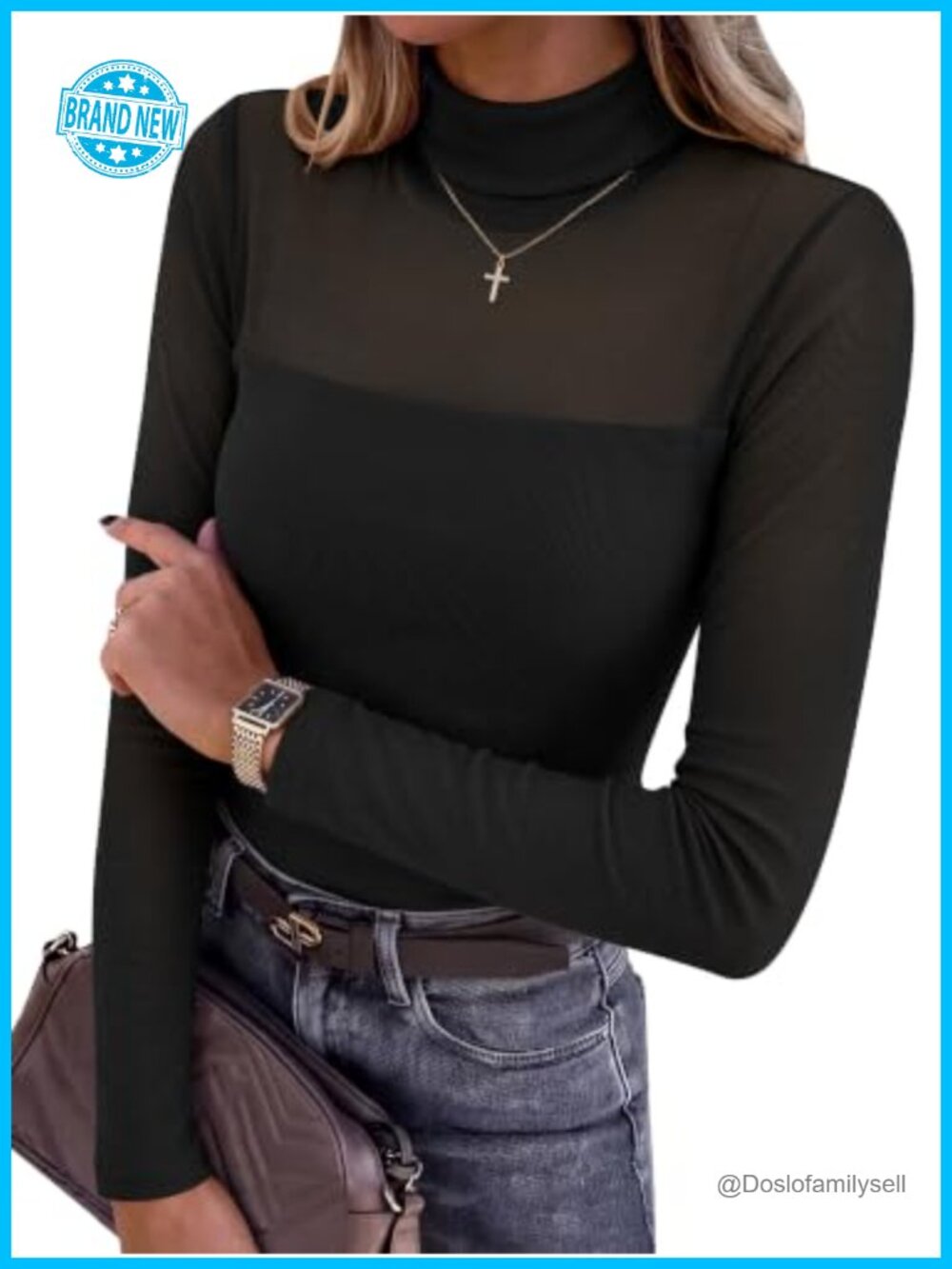 Women Turtleneck Long Sleeve Mesh Sheer Top Skinny Fit Pullover